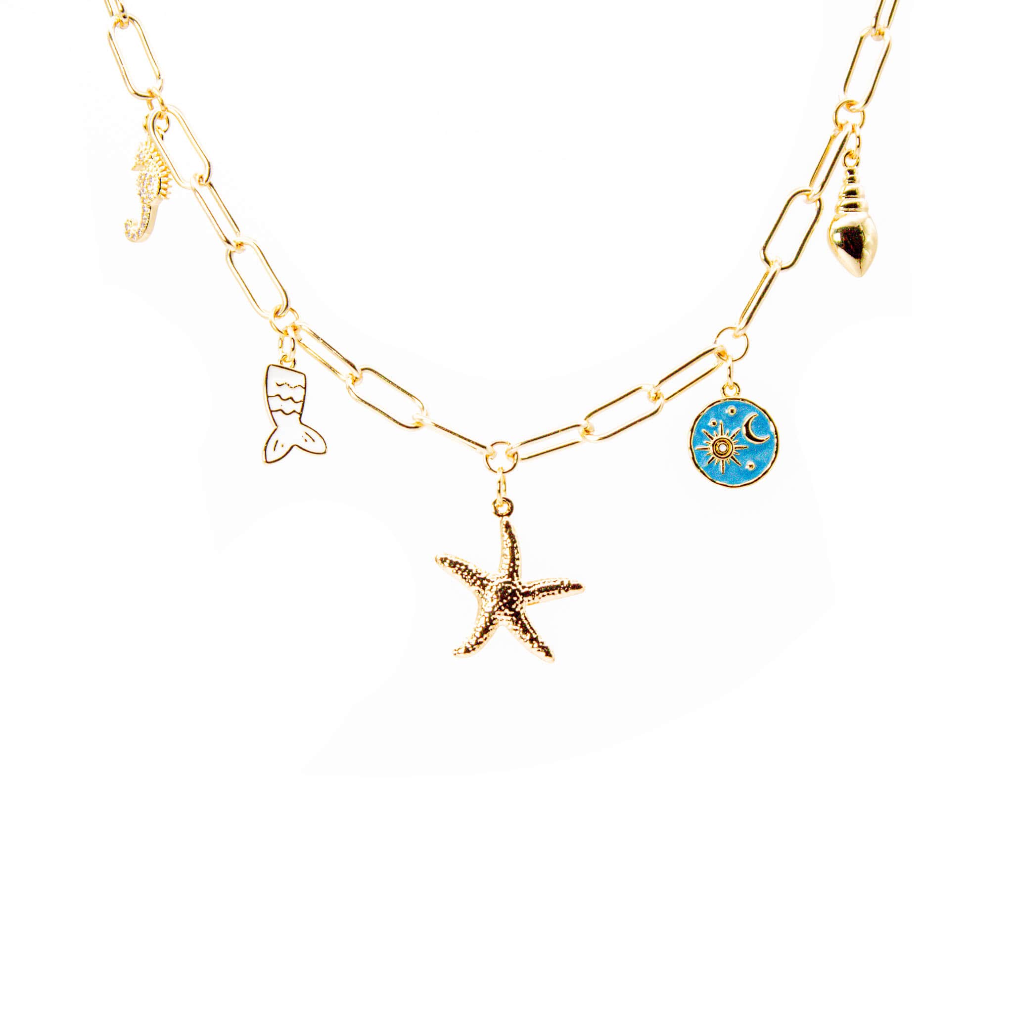 Collar Baño de Oro Oceanos Diseño con Blanco y azul